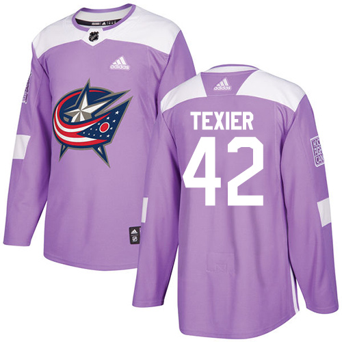 Men's Adidas Columbus Blue Jackets #42 Alexandre Texier Authentic Purple Fights Cancer Practice NHL Jersey