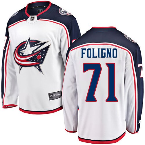 Men's Columbus Blue Jackets #71 Nick Foligno Authentic White Away Fanatics Branded Breakaway NHL Jersey