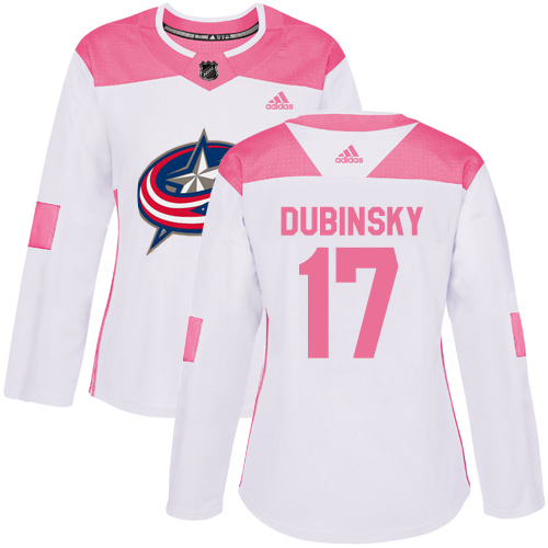 Women's Adidas Columbus Blue Jackets #17 Brandon Dubinsky Authentic White/Pink Fashion NHL Jersey