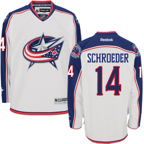Men's Reebok Columbus Blue Jackets #14 Jordan Schroeder Authentic White Away NHL Jersey