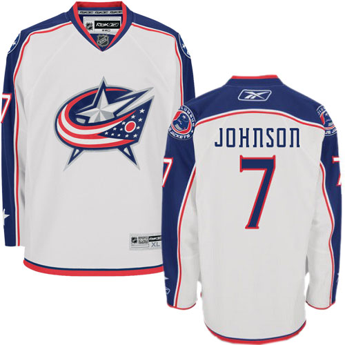 Youth Reebok Columbus Blue Jackets #7 Jack Johnson Authentic White Away NHL Jersey