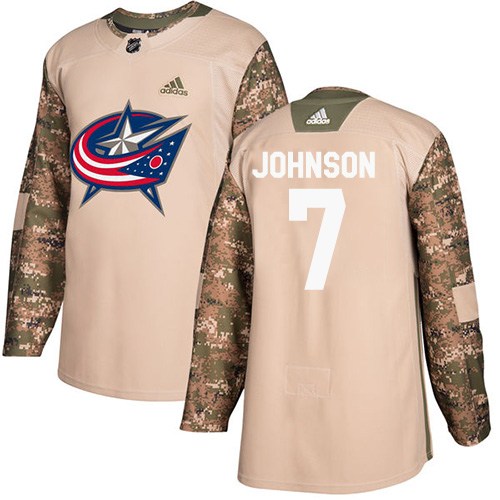 Youth Adidas Columbus Blue Jackets #7 Jack Johnson Authentic Camo Veterans Day Practice NHL Jersey