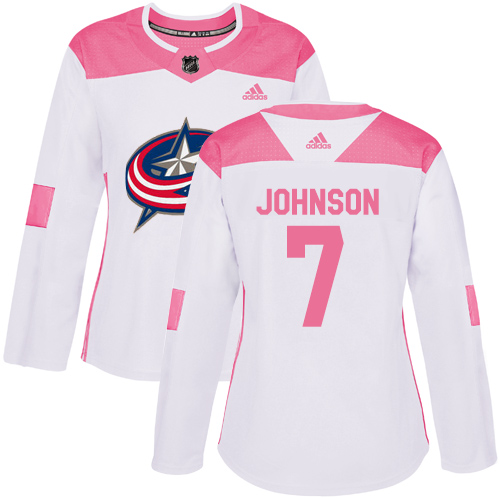 Women's Adidas Columbus Blue Jackets #7 Jack Johnson Authentic White/Pink Fashion NHL Jersey