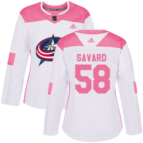 Women's Adidas Columbus Blue Jackets #58 David Savard Authentic White/Pink Fashion NHL Jersey