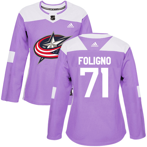Women's Adidas Columbus Blue Jackets #71 Nick Foligno Authentic Purple Fights Cancer Practice NHL Jersey