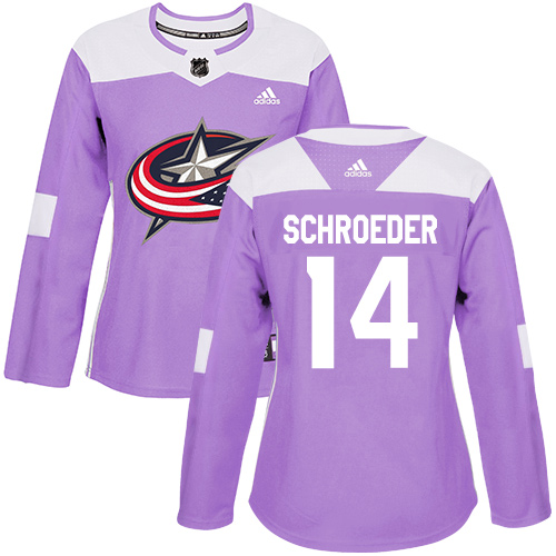 Women's Adidas Columbus Blue Jackets #14 Jordan Schroeder Authentic Purple Fights Cancer Practice NHL Jersey
