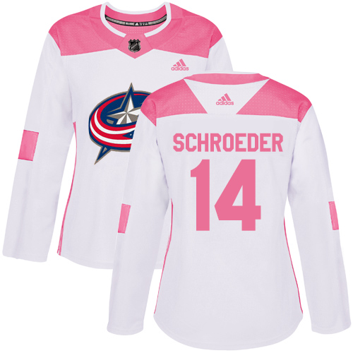 Women's Adidas Columbus Blue Jackets #14 Jordan Schroeder Authentic White/Pink Fashion NHL Jersey