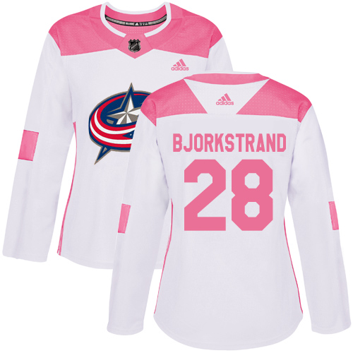Women's Adidas Columbus Blue Jackets #28 Oliver Bjorkstrand Authentic White/Pink Fashion NHL Jersey
