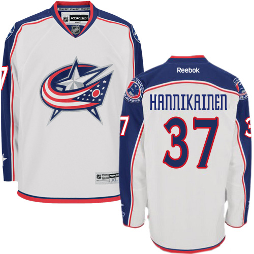Men's Reebok Columbus Blue Jackets #37 Markus Hannikainen Authentic White Away NHL Jersey