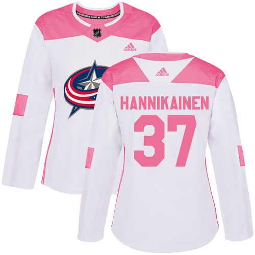 Women's Adidas Columbus Blue Jackets #37 Markus Hannikainen Authentic White/Pink Fashion NHL Jersey