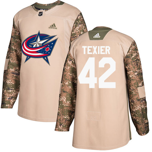 Men's Adidas Columbus Blue Jackets #42 Alexandre Texier Authentic Camo Veterans Day Practice NHL Jersey
