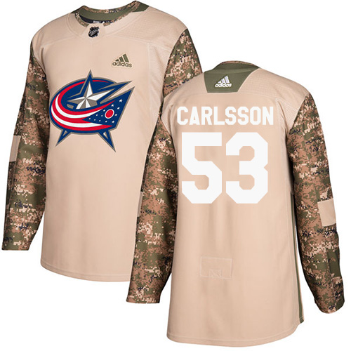 Men's Adidas Columbus Blue Jackets #53 Gabriel Carlsson Authentic Camo Veterans Day Practice NHL Jersey