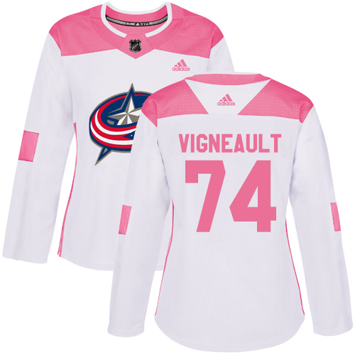 Women's Adidas Columbus Blue Jackets #74 Sam Vigneault Authentic White/Pink Fashion NHL Jersey