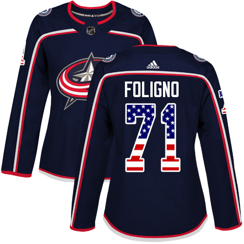 Women's Adidas Columbus Blue Jackets #71 Nick Foligno Authentic Navy Blue USA Flag Fashion NHL Jersey