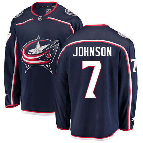 Men's Columbus Blue Jackets #7 Jack Johnson Authentic Navy Blue Home Fanatics Branded Breakaway NHL Jersey