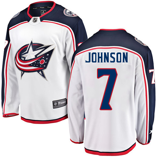 Men's Columbus Blue Jackets #7 Jack Johnson Authentic White Away Fanatics Branded Breakaway NHL Jersey