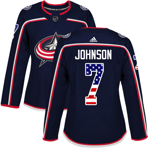 Women's Adidas Columbus Blue Jackets #7 Jack Johnson Authentic Navy Blue USA Flag Fashion NHL Jersey