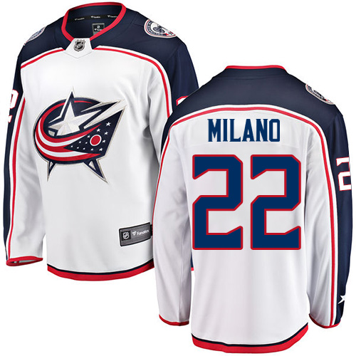 Men's Columbus Blue Jackets #22 Sonny Milano Authentic White Away Fanatics Branded Breakaway NHL Jersey