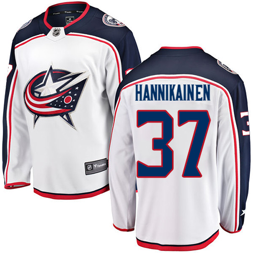 Men's Columbus Blue Jackets #37 Markus Hannikainen Authentic White Away Fanatics Branded Breakaway NHL Jersey