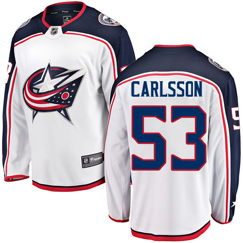 Men's Columbus Blue Jackets #53 Gabriel Carlsson Authentic White Away Fanatics Branded Breakaway NHL Jersey