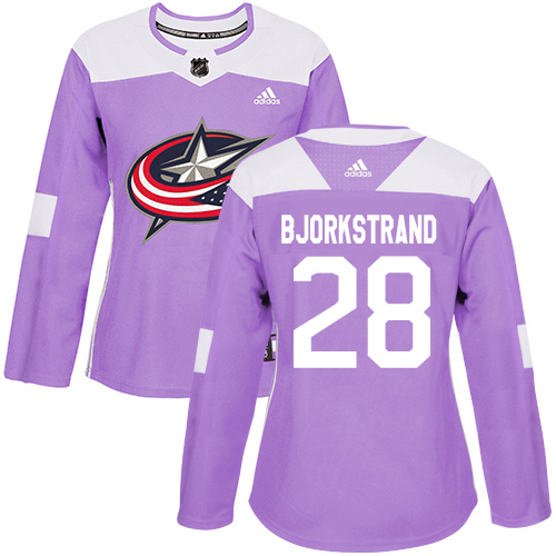Women's Adidas Columbus Blue Jackets #28 Oliver Bjorkstrand Authentic Purple Fights Cancer Practice NHL Jersey