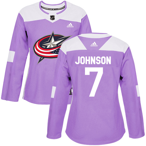 Women's Adidas Columbus Blue Jackets #7 Jack Johnson Authentic Purple Fights Cancer Practice NHL Jersey