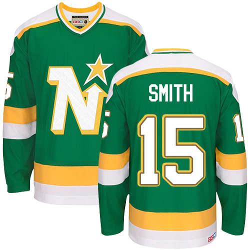 Men's CCM Dallas Stars #15 Bobby Smith Authentic Green Throwback NHL Jersey