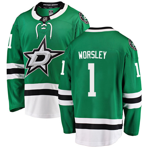 Youth Dallas Stars #1 Gump Worsley Authentic Green Home Fanatics Branded Breakaway NHL Jersey
