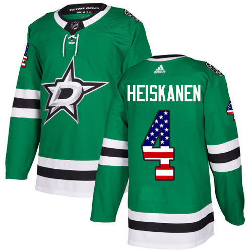 Men's Adidas Dallas Stars #4 Miro Heiskanen Authentic Green USA Flag Fashion NHL Jersey