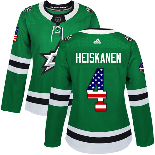 Women's Adidas Dallas Stars #4 Miro Heiskanen Authentic Green USA Flag Fashion NHL Jersey