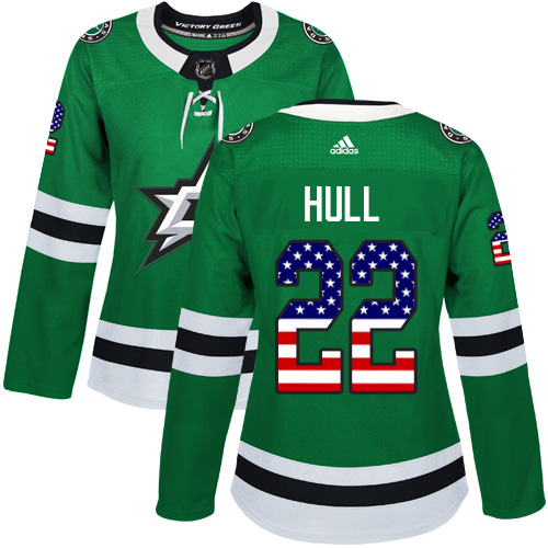 Women's Adidas Dallas Stars #22 Brett Hull Authentic Green USA Flag Fashion NHL Jersey