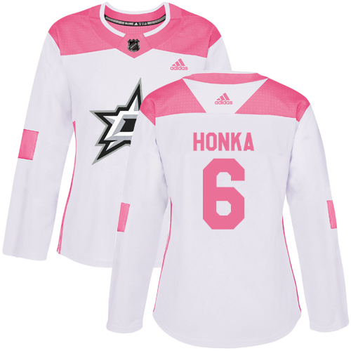 Women's Adidas Dallas Stars #6 Julius Honka Authentic White/Pink Fashion NHL Jersey