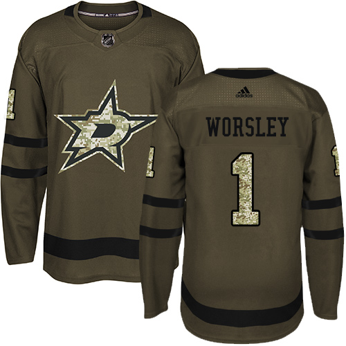 Men's Adidas Dallas Stars #1 Gump Worsley Premier Green Salute to Service NHL Jersey