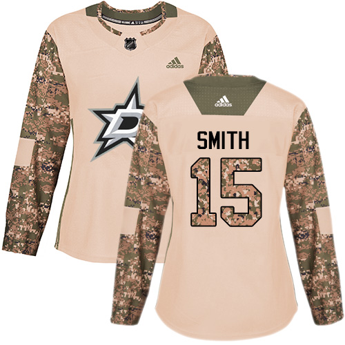 Women's Adidas Dallas Stars #15 Bobby Smith Authentic Camo Veterans Day Practice NHL Jersey