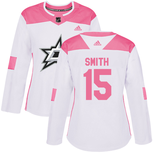 Women's Adidas Dallas Stars #15 Bobby Smith Authentic White/Pink Fashion NHL Jersey