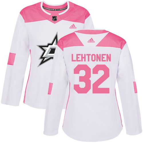 Women's Adidas Dallas Stars #32 Kari Lehtonen Authentic White/Pink Fashion NHL Jersey