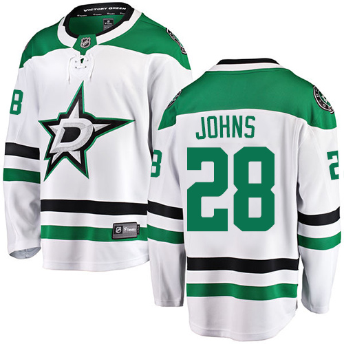 Men's Dallas Stars #28 Stephen Johns Authentic White Away Fanatics Branded Breakaway NHL Jersey