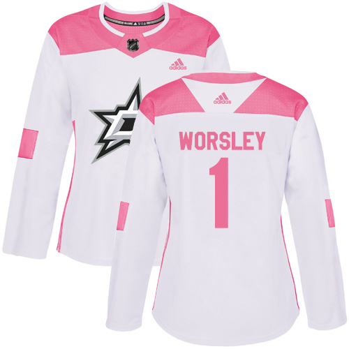 Women's Adidas Dallas Stars #1 Gump Worsley Authentic White/Pink Fashion NHL Jersey