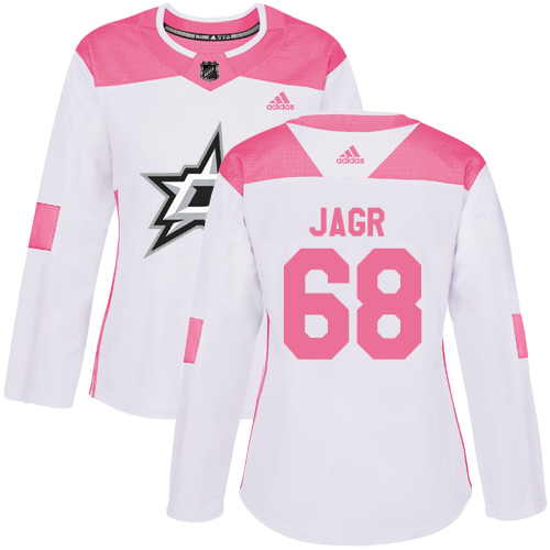 Women's Adidas Dallas Stars #68 Jaromir Jagr Authentic White/Pink Fashion NHL Jersey