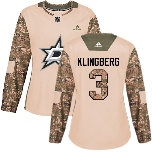 Women's Adidas Dallas Stars #3 John Klingberg Authentic Camo Veterans Day Practice NHL Jersey
