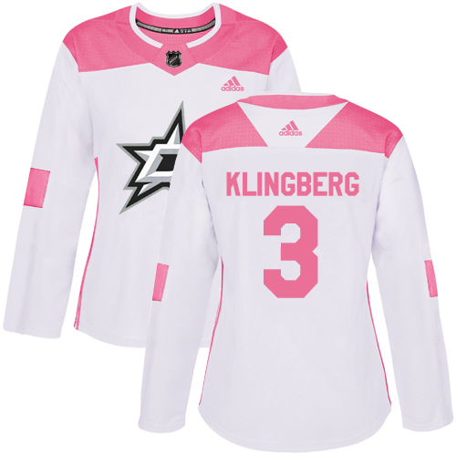 Women's Adidas Dallas Stars #3 John Klingberg Authentic White/Pink Fashion NHL Jersey