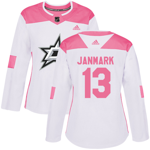 Women's Adidas Dallas Stars #13 Mattias Janmark Authentic White/Pink Fashion NHL Jersey