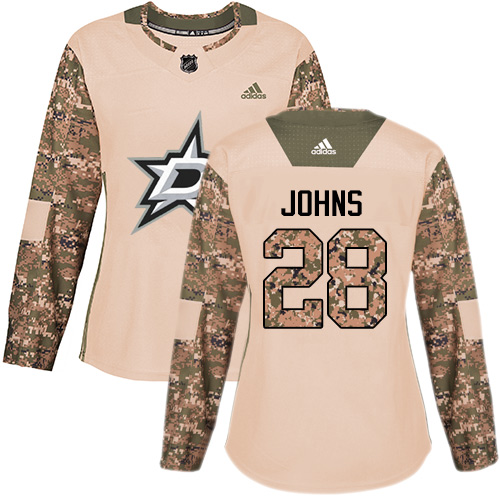 Women's Adidas Dallas Stars #28 Stephen Johns Authentic Camo Veterans Day Practice NHL Jersey