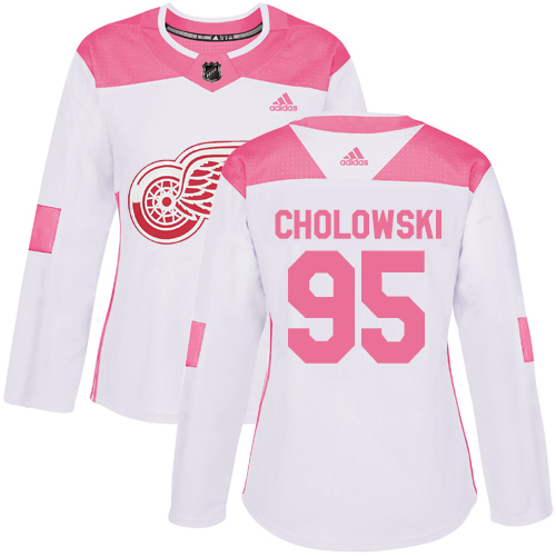 Women's Adidas Detroit Red Wings #95 Dennis Cholowski Authentic White/Pink Fashion NHL Jersey