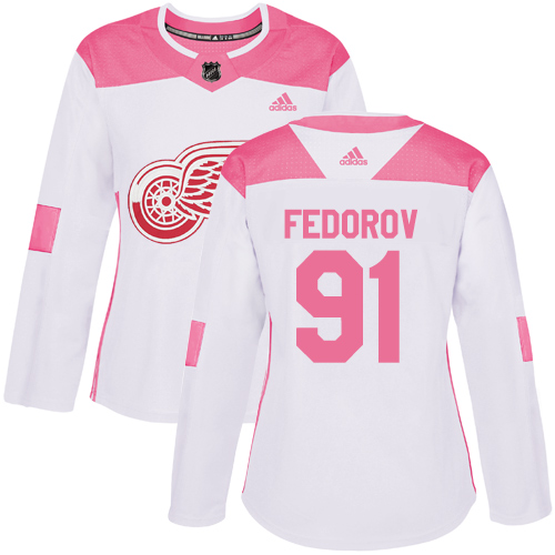 Women's Adidas Detroit Red Wings #91 Sergei Fedorov Authentic White/Pink Fashion NHL Jersey