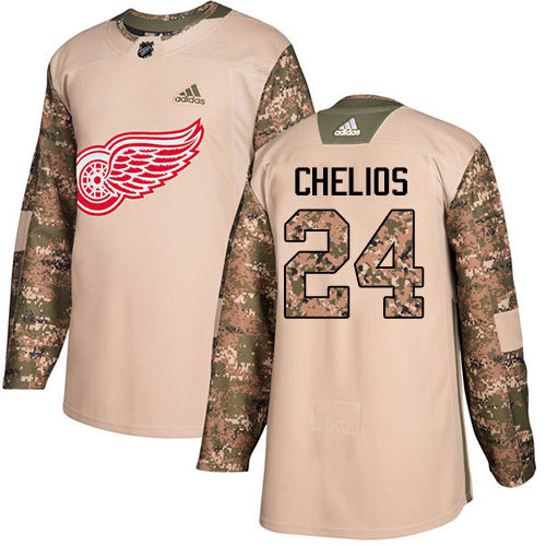 Youth Adidas Detroit Red Wings #24 Chris Chelios Authentic Camo Veterans Day Practice NHL Jersey