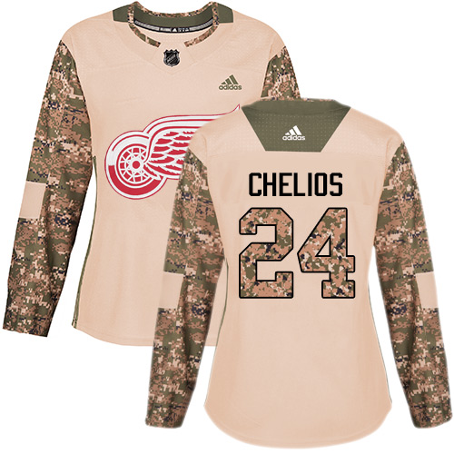 Women's Adidas Detroit Red Wings #24 Chris Chelios Authentic Camo Veterans Day Practice NHL Jersey