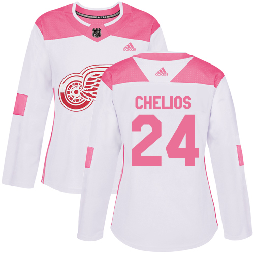 Women's Adidas Detroit Red Wings #24 Chris Chelios Authentic White/Pink Fashion NHL Jersey