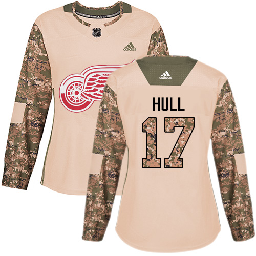 Women's Adidas Detroit Red Wings #17 Brett Hull Authentic Camo Veterans Day Practice NHL Jersey