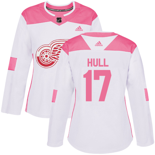 Women's Adidas Detroit Red Wings #17 Brett Hull Authentic White/Pink Fashion NHL Jersey